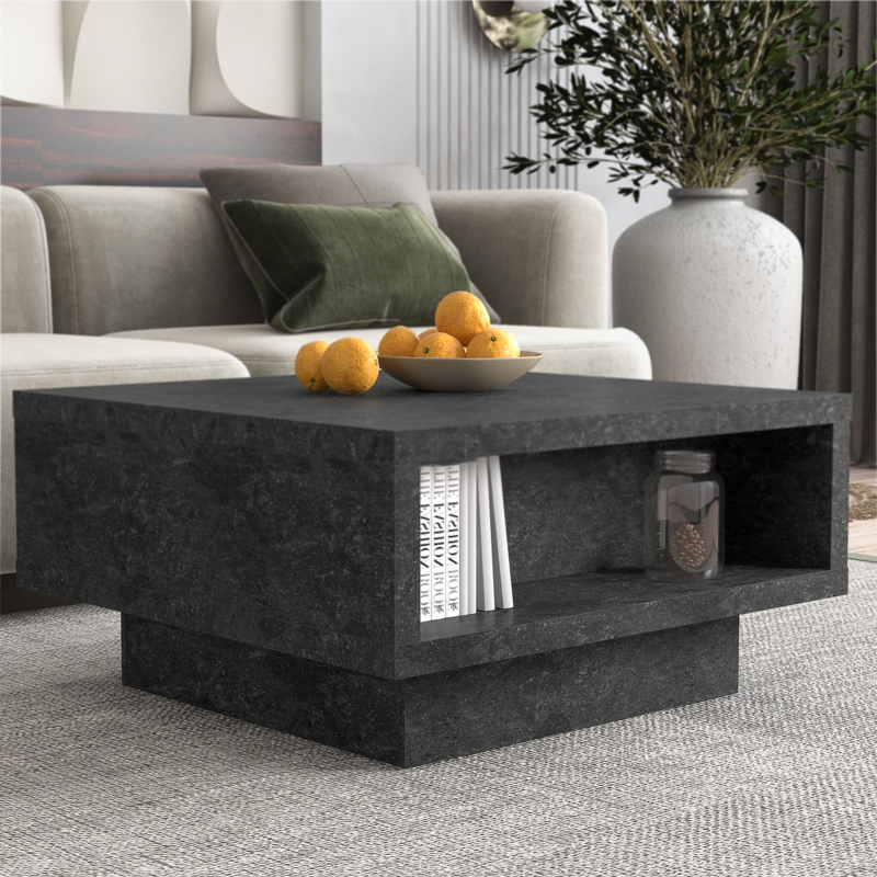 Modern Black Stone Square Pedestal Coffee Table