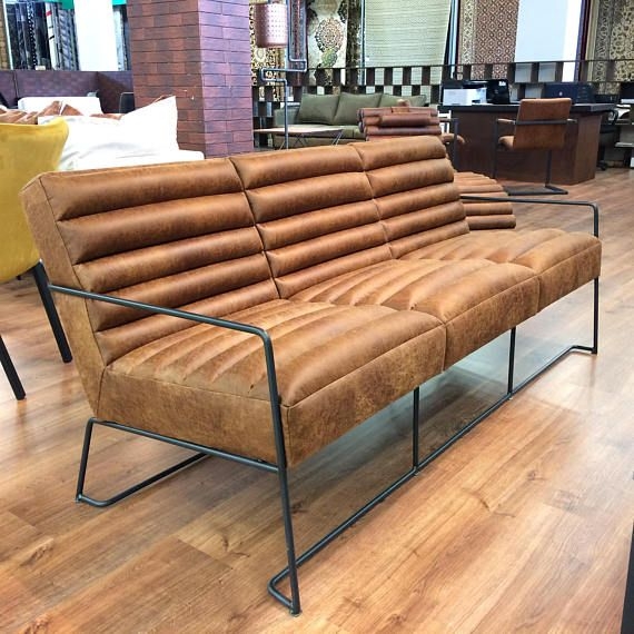 Modern Brown Leather Office Sofa with Metal Frame