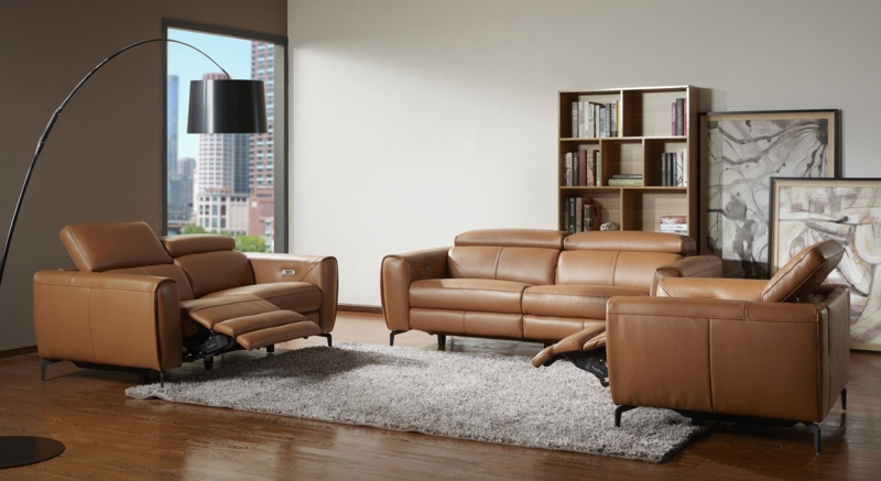 Modern Caramel Leather Living Room Set with Recliners