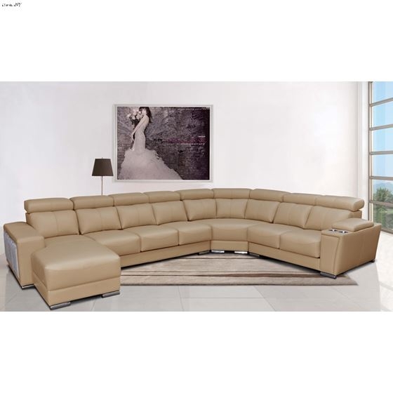 Modern Caramel Leather Sectional Sofa with Ottoman