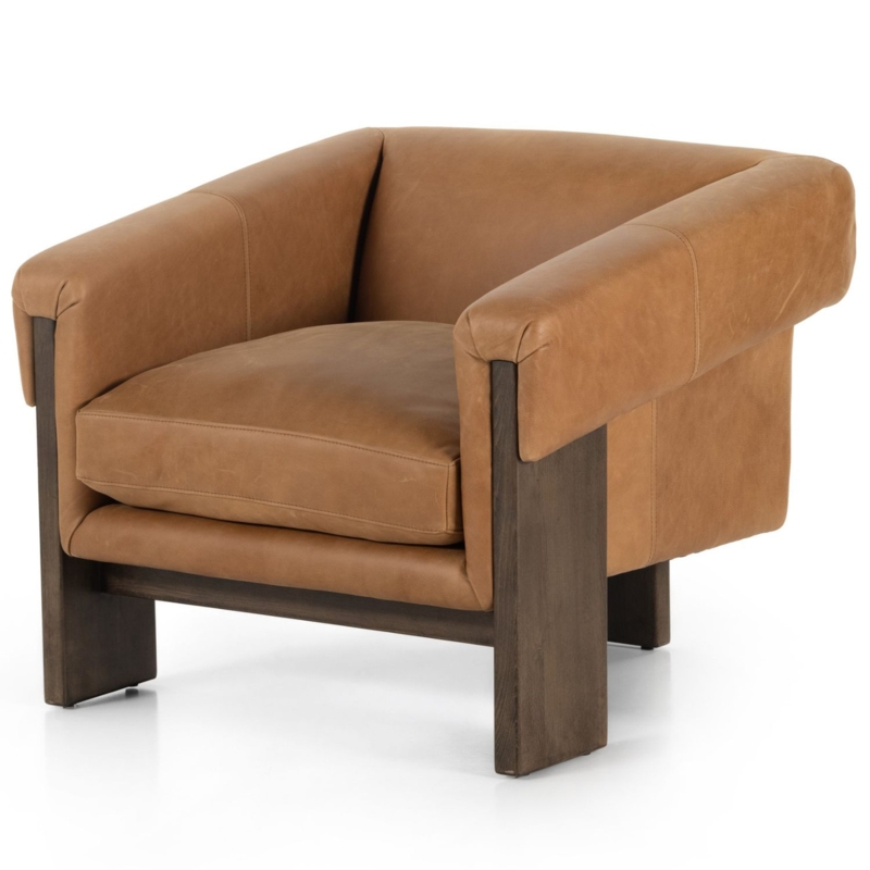 Modern Cognac Leather Armchair with Wooden Frame
