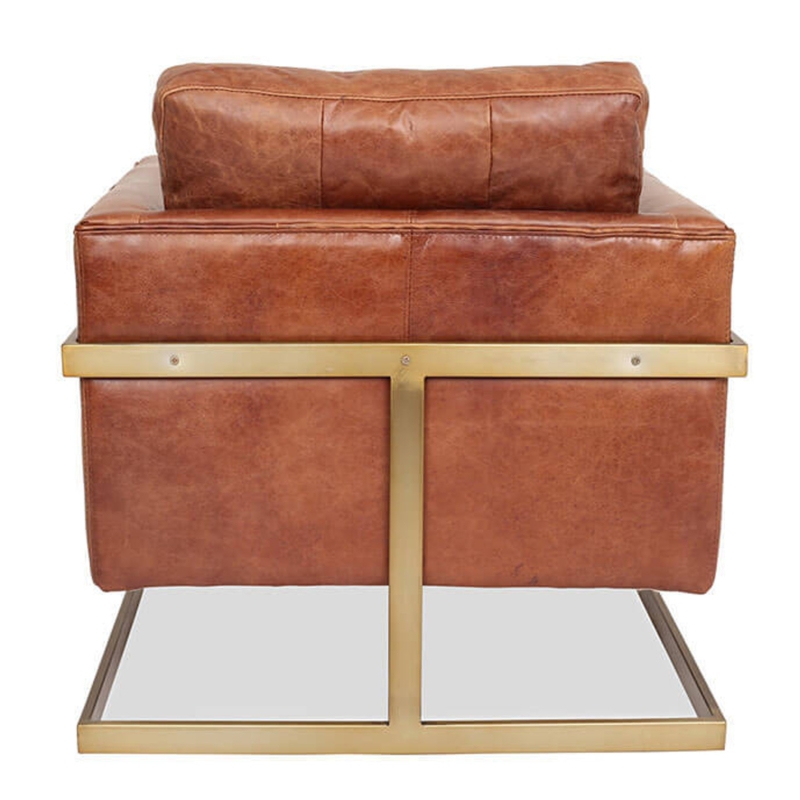 Modern Cognac Leather Club Chair with Brass Frame