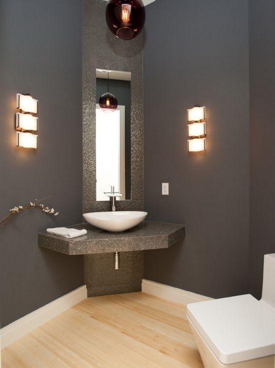 Modern Corner Bathroom Lighting and Vanity Design