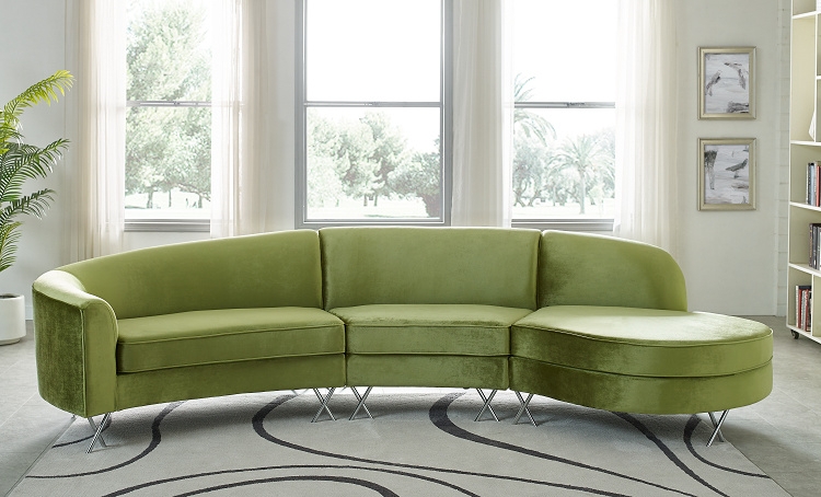 Modern Crescent Shaped Green Velvet Sofa