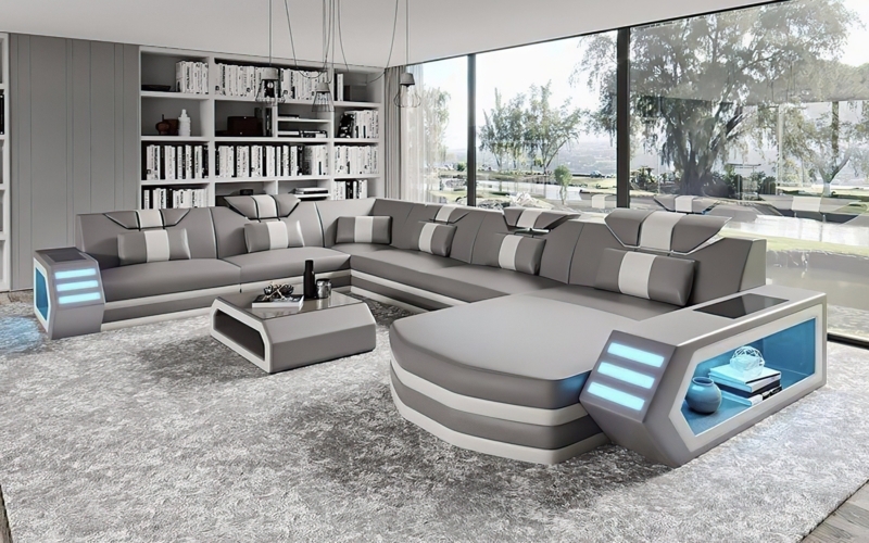 Modern Eileend Leather Sectional Sofa with LED Lighting