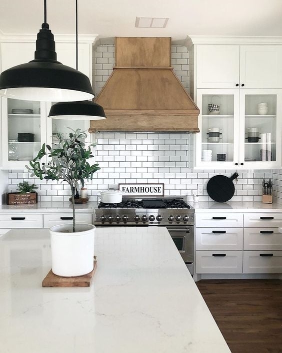 Modern Farmhouse Kitchen with Wooden Range Hood