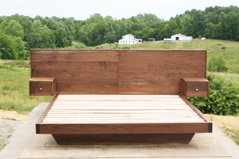 Modern Floating Walnut Platform Bed with Attached Nightstands