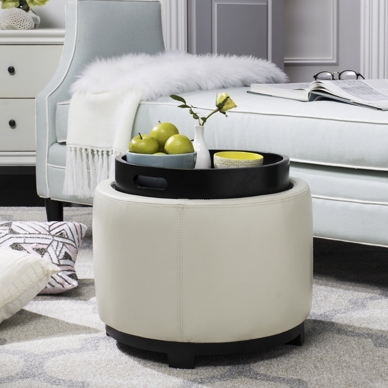 Modern Glam Round Leather Storage Ottoman with Tray