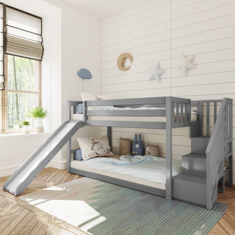 Modern Gray Low Bunk Bed with Slide and Stairs