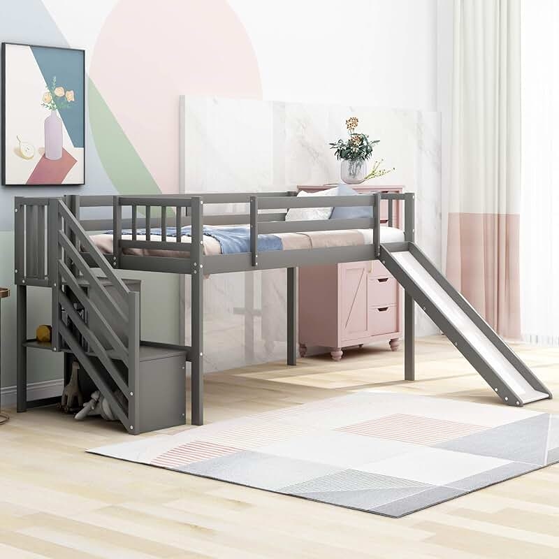 Modern Grey Kids Loft Bed with Stairs and Slide