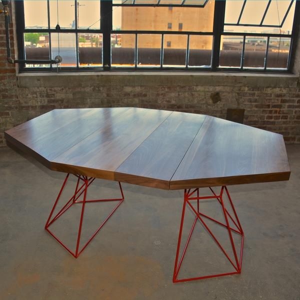 Modern Hexagon Walnut Dining Table with Red Steel Base