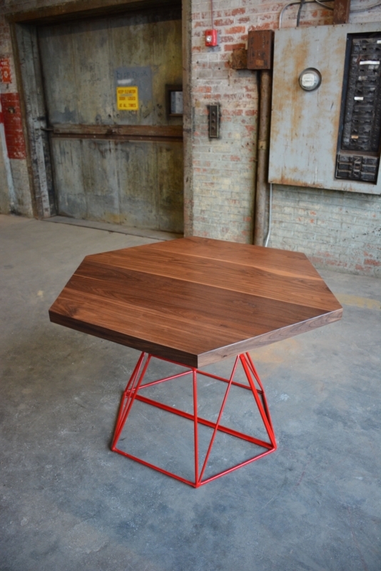 Modern Hexagon Wood Dining Table with Red Metal Base