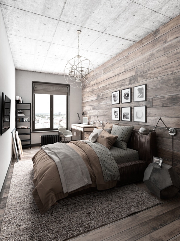 Modern Industrial Bedroom with Textured Wood Accent Wall