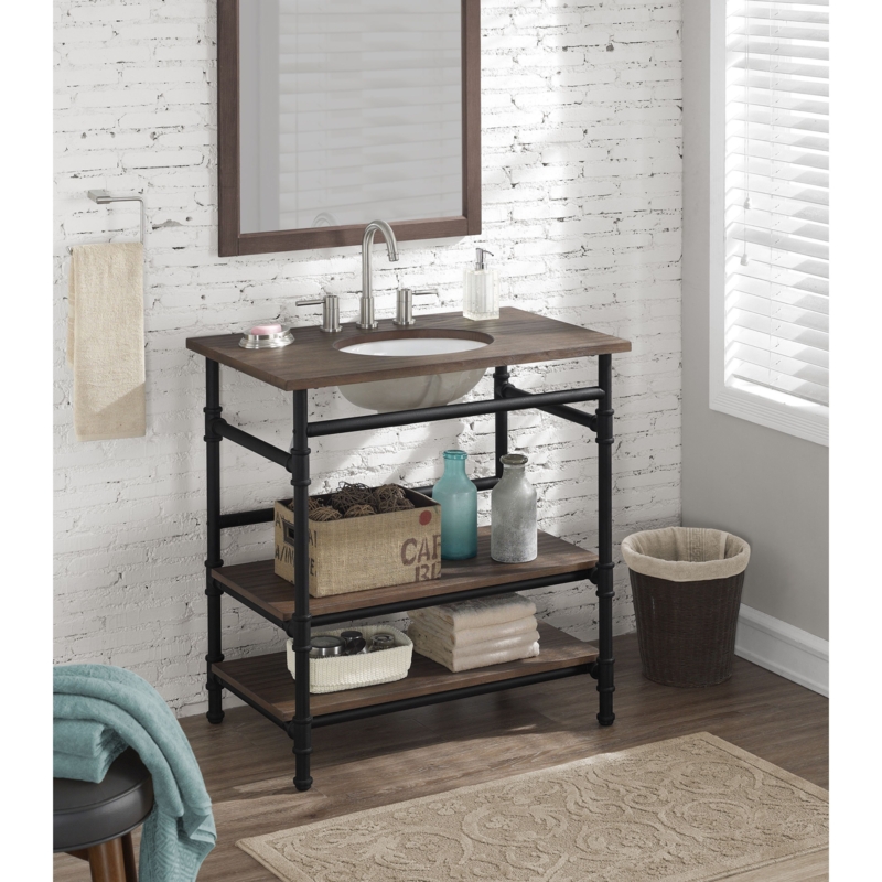 Modern Industrial Pipe Bathroom Vanity with Open Shelves