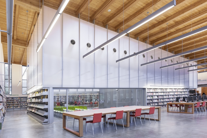 Modern Library Interior with Exposed Wood Ceiling