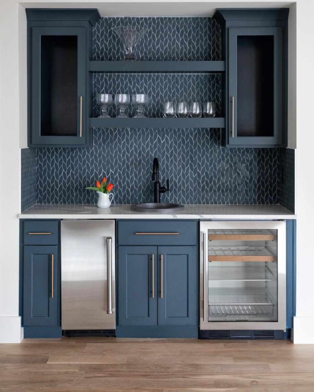 Modern Navy Blue Wet Bar with Glass Shelving