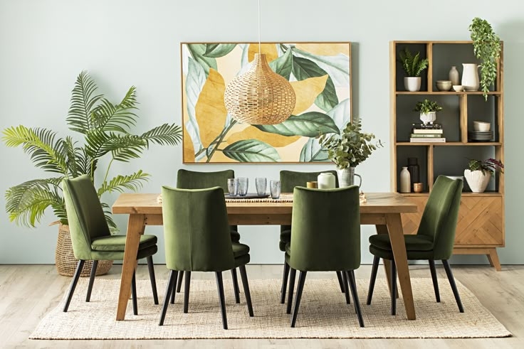 Modern Olive Green Velvet Dining Chairs with Wooden Table