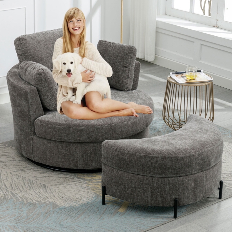 Modern Oversized Swivel Barrel Chair with Ottoman