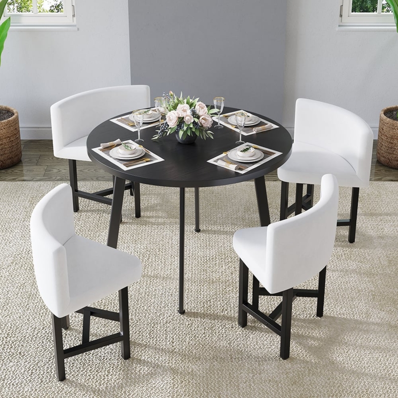 Modern Round Black Wood Dining Table Set for Four