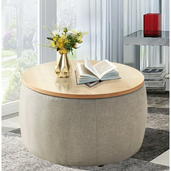 Modern Round Ottoman with Wooden Tray Top