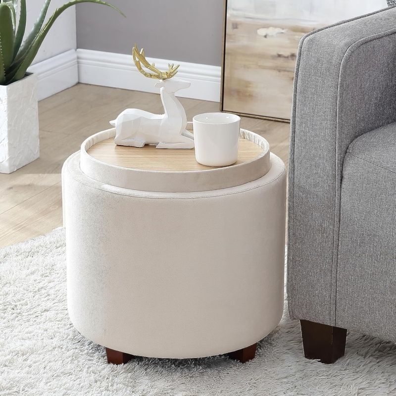Modern Round Storage Ottoman with Removable Tray
