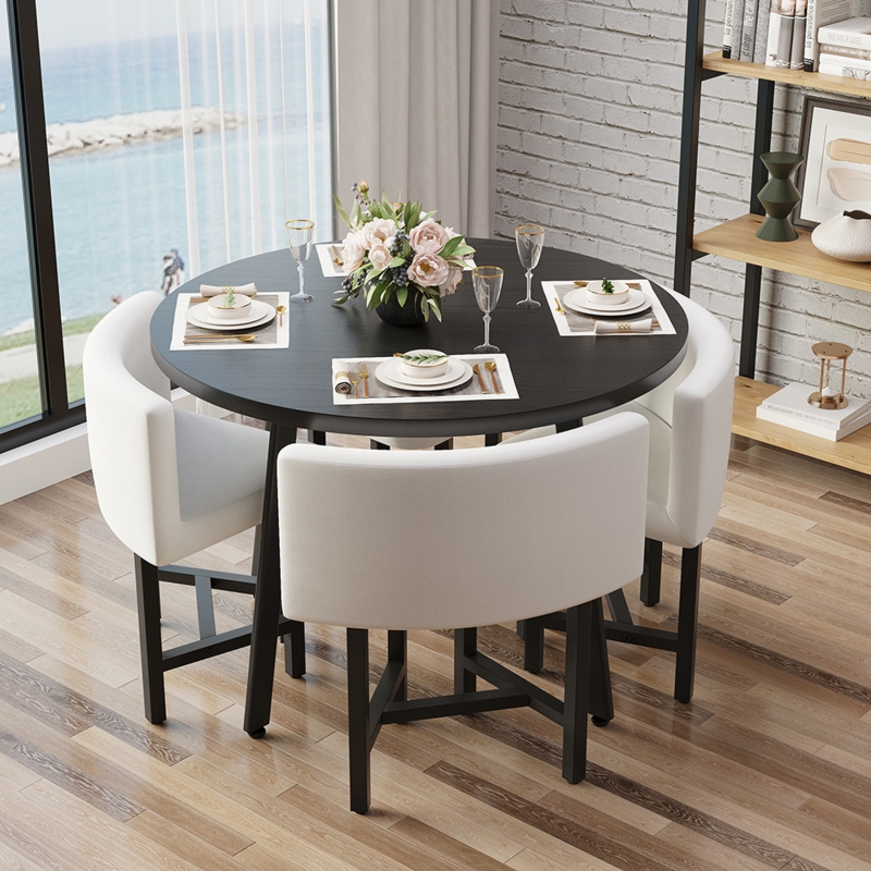 Modern Round Wooden Dining Table Set with White Chairs
