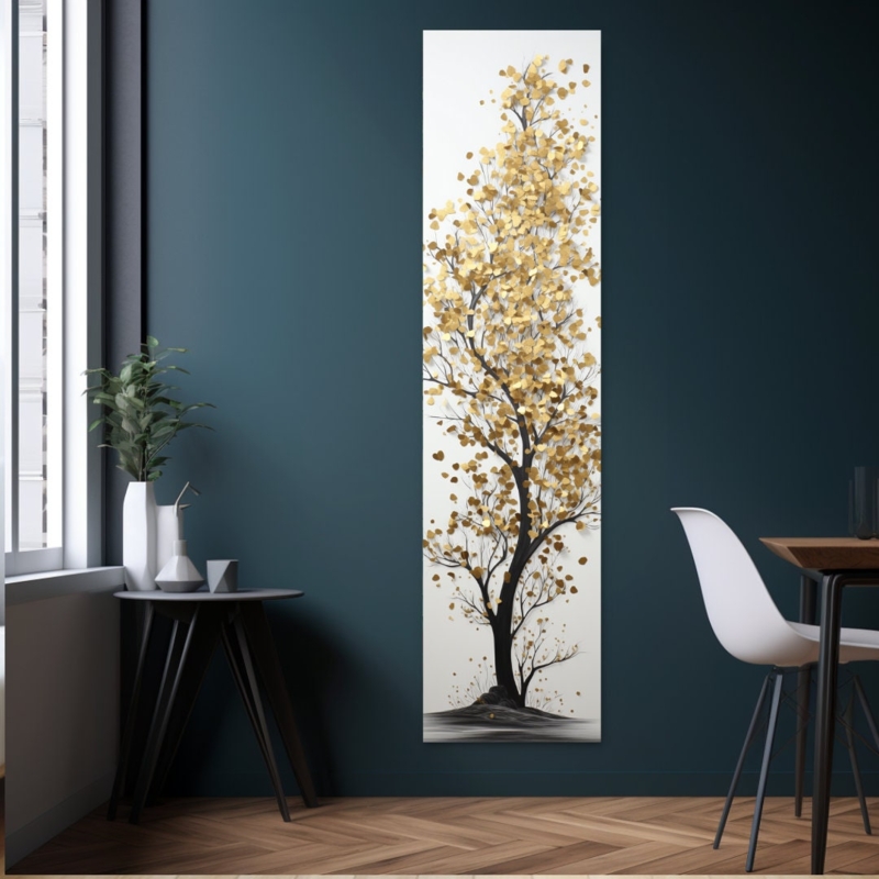 Modern Tall Narrow Tree Wall Art with Gold Leaves