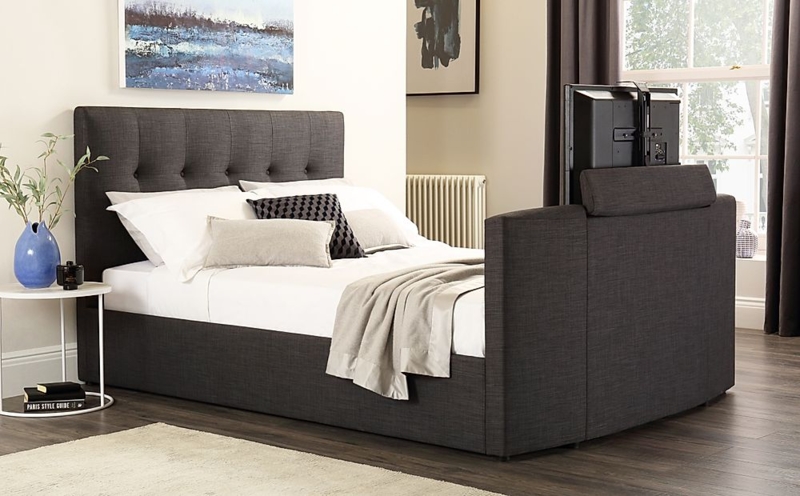 Modern Upholstered Bed with Built-in Footboard TV