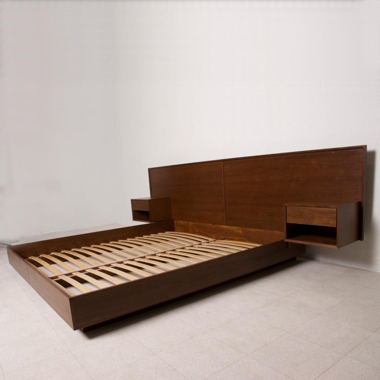 Modern Walnut King Size Platform Bed with Floating Nightstands