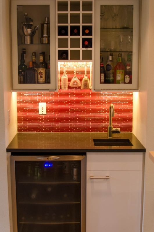 Modern Wet Bar with Red Glass Tile Backsplash