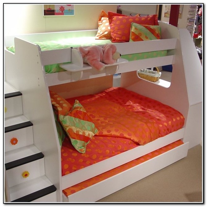 Modern White Bunk Bed with Stairs and Bright Bedding