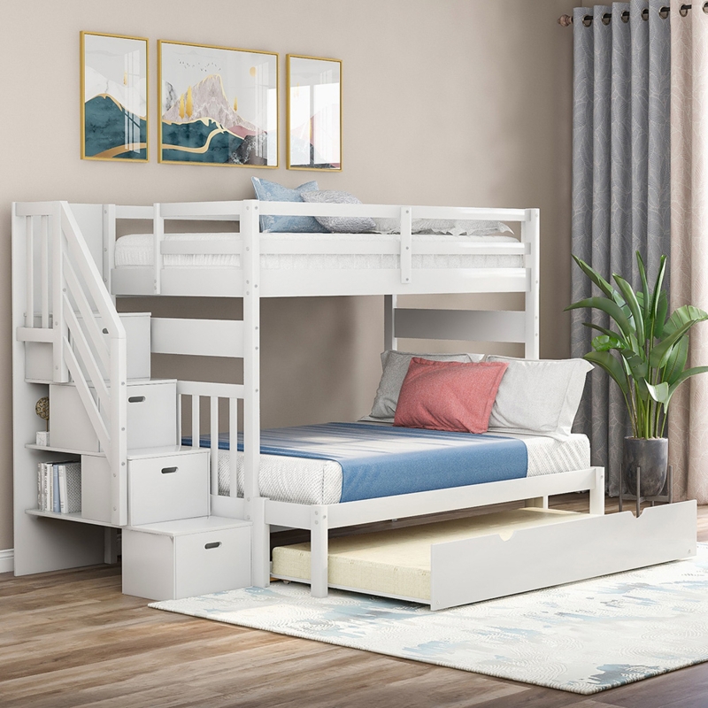 Modern White Full-Over-Twin Bunk Bed with Storage