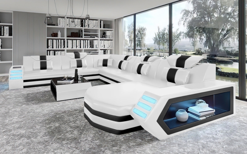 Modern White Leather Sectional Sofa with LED Accents