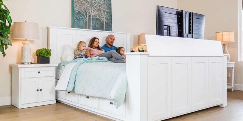 Modern White Queen Bed with Built-In TV Footboard