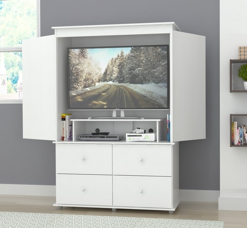 Modern White TV Armoire with Doors and Drawers