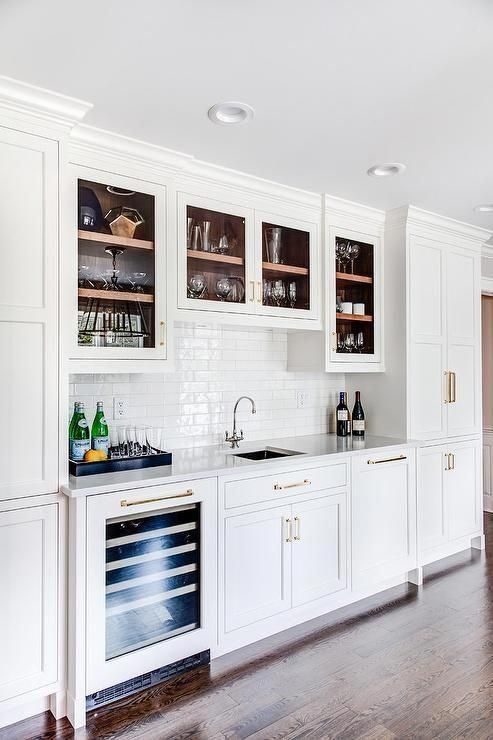 Modern White Wet Bar with Glass Cabinets