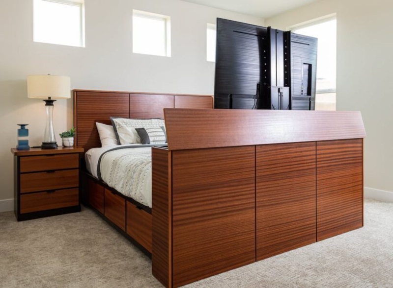 Modern Wooden Bed with Built-in TV Footboard