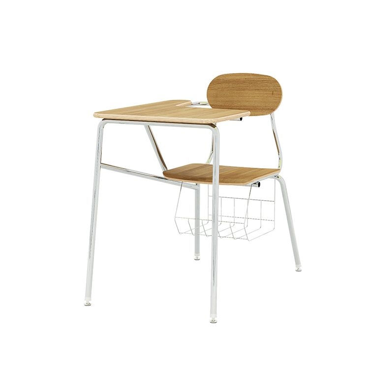 Modern Wooden High School Desk Chair with Attached Work Surface