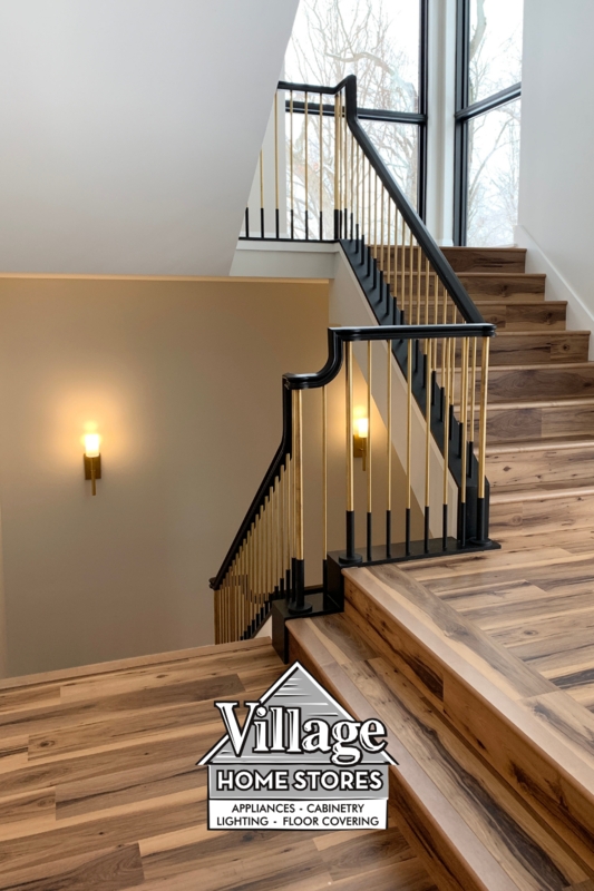 Modern Wooden Staircase with Vintage Brass Railings