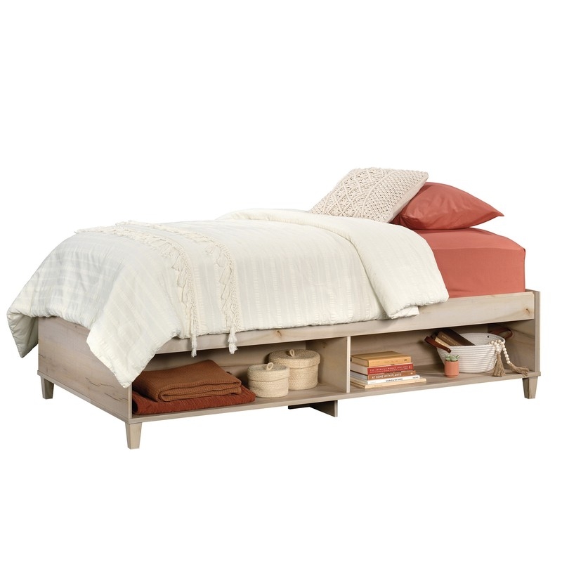 Narrow Wooden Daybed Frame with Built-in Storage Shelves
