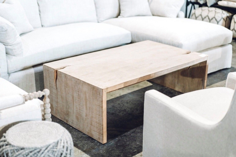 Natural Wood Waterfall Coffee Table Over Ottoman