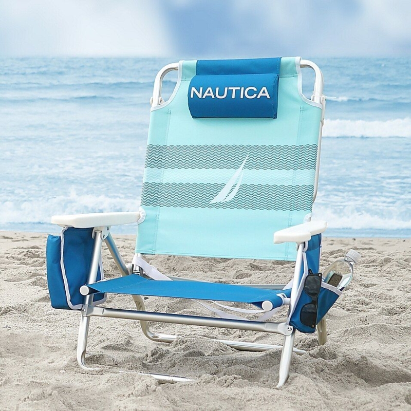 Nautica Adjustable Blue Beach Chair on Sand