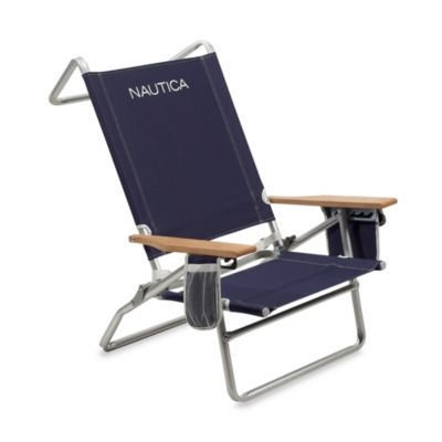 Nautica Navy Portable Beach Chair with Wooden Armrests