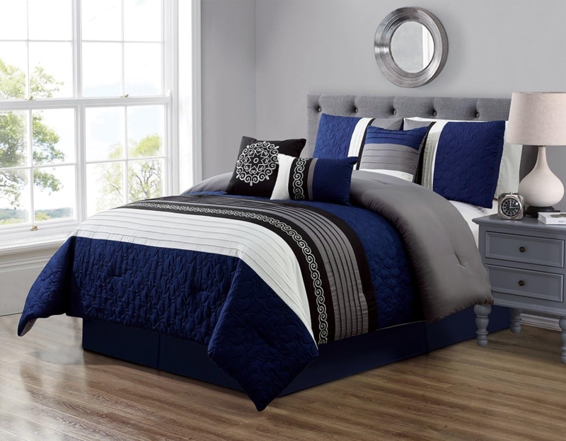 Navy Blue and Grey Modern Scroll Bedding Set