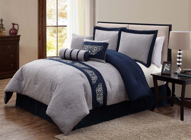 Navy Blue and Grey Twin Bedding Set with Elegant Patterns