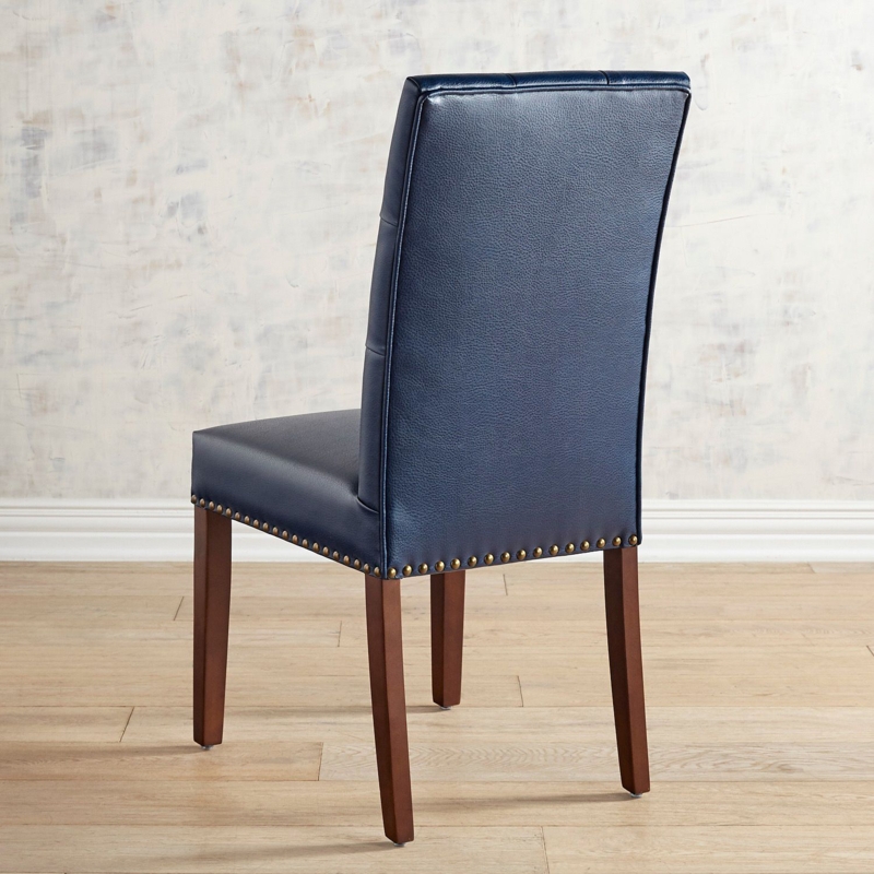 Navy Blue Leather Dining Chair with Wooden Legs