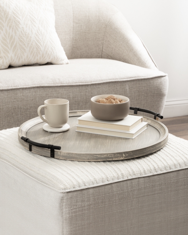 Neutral Large Round Ottoman Tray with Handles