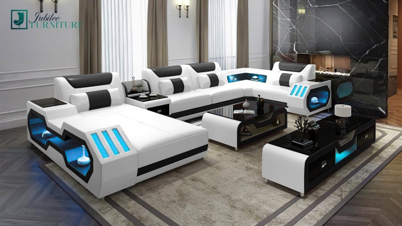 Omont Modern Leather Sectional Sofa with LED Console