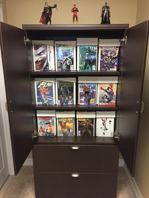 Organized Comic Book Storage Cabinet with Display Shelves