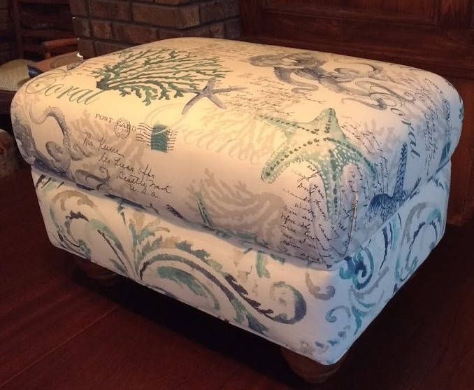 Ottoman Footstool, Cottage, Coastal Blue, Teal and Gray Upholstery with ...